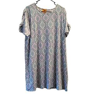 Ruby Rd short sleeve shift Tee dress. Size PXL. Blue Slate, White, Purple, Green